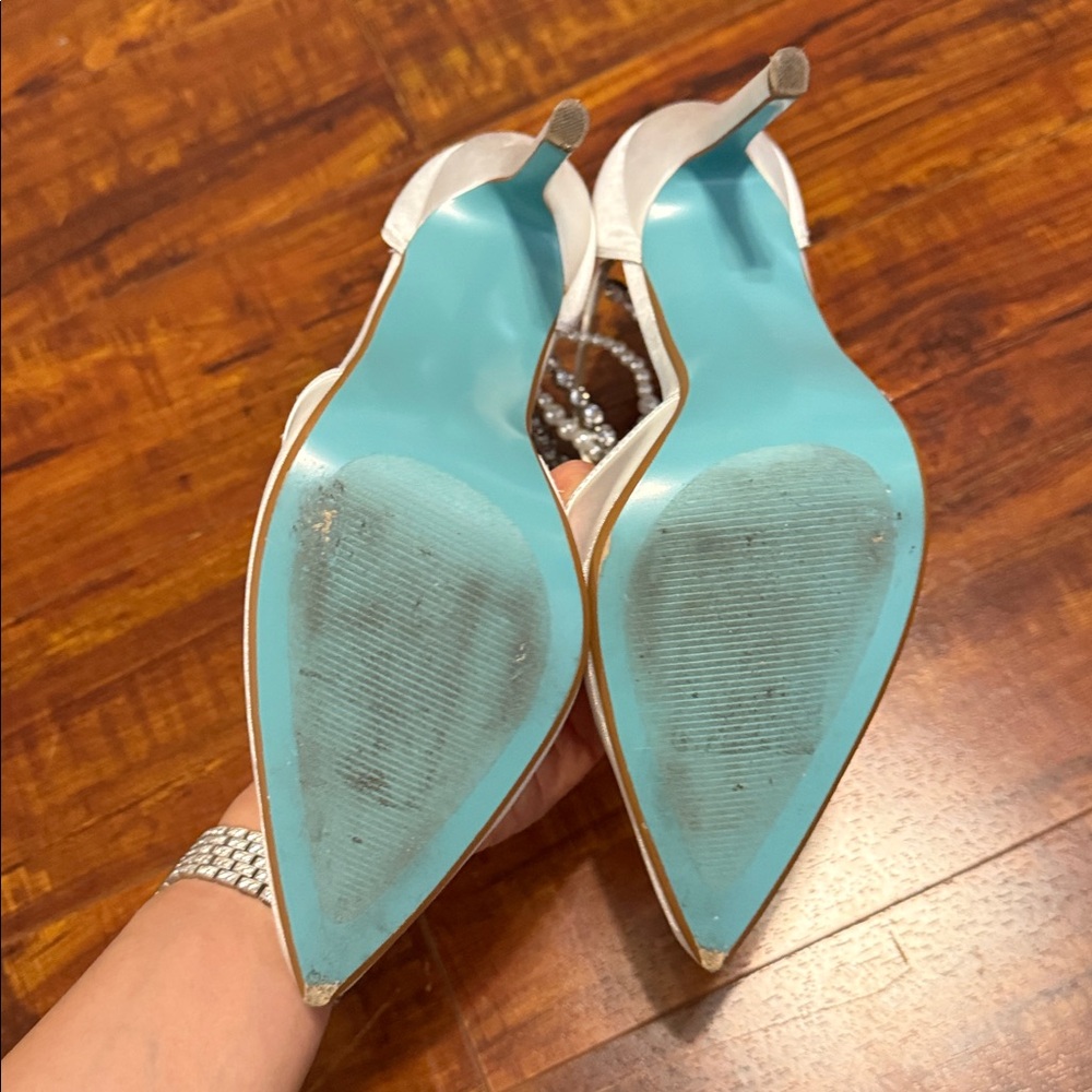 Betsey Johnson Tegan White Pearl & Rhinestone Ankle Strap Heels - Picture 4 of 4